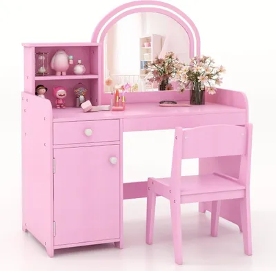 Image de Ensemble de coiffeuse pour enfants 2 en 1 avec tabouret, lumières LED, miroir et tiroir, table cosmétique rose