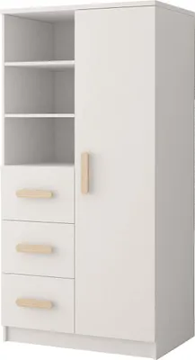 A white wardrobe with wooden handles and shelves.