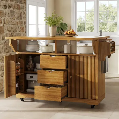 Obrázek produktu pro Kuchyňský vozík s výklopnou pracovní deskou, kuchyňský ostrůvek s bočním úložným prostorem a kolečky, kuchyňský stůl se zásuvkami, tmavě hnědý