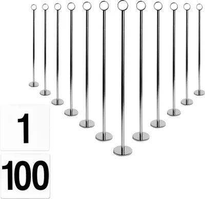Produktbild von 100x Silbertischnummern mit 46 cm Halter - Hochzeitsplatzkartenschild Set, Foto -Menüenname Display, Metal Party Dekoration - nach Argon -Tabellengeschirr