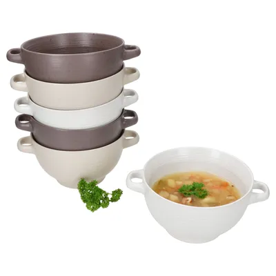 A stack of soup bowls and one filled soup bowl.