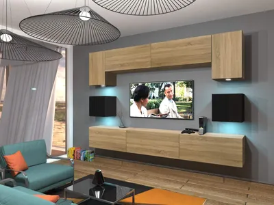 Produktbild von Furnitech Wohnwand Wohnzimmer - Wohnzimmer Möbel mit LED RGB - Hängend Wohnwand Modern - Wohnzimmer Schrankwand(Nowara AN1-17BS-HGM36 1A)