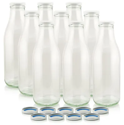 Neun wieder verwendbare 1-Liter-Milchflaschen Klarglas mit weißen Deckeln und Ersatzdeckeln