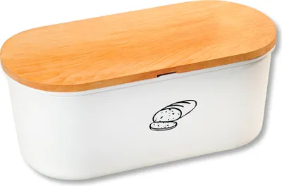 Produktbild von KESPER Brotbox, Brotkasten weiß Melamin – mit -Buchenholzdeckel als Schneidebrett – 34 x 14 x 18 cm – formstabil & pflegeleicht – Modell 85090