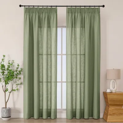 Zdjęcie produktu dla Zasłony z falbaną, imitujące len, półprzezroczyste, zestaw 2 sztuk, kolor: leśna zieleń, wymiary: 229 x 140 cm
