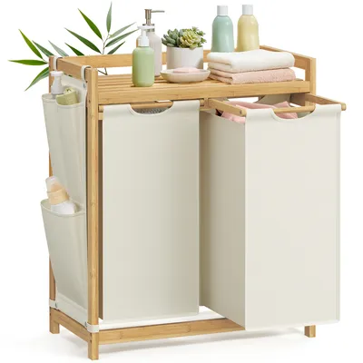 Produktbild von Wäschekorb 2 Fächer, Bambus, Wäschesammler 100 L, mit Ablage