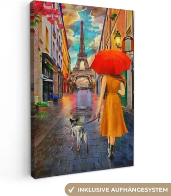 Produktbild von MuchoWow® - Leinwandbilder - Gemälde - Ölfarbe - Frau - Hund - Paris, Wandbild, Wanddeko Bilder Wohnzimmer, 40x60cm