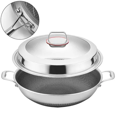 Produktbild von Edelstahl Wok-Topf 38 cm, Wabenstruktur, induktionsgeeignet, Antihaftbeschichtung, kratzfest, hochwertige silberne Wokpfanne
