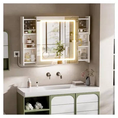 Produktbild von Badezimmerspiegelschrank mit Beleuchtung und Antibeschlagfunktion, Wandmontage, 2 Staufächer, 10-fach Vergrößerung, 60(94) x 65 x 16 cm
