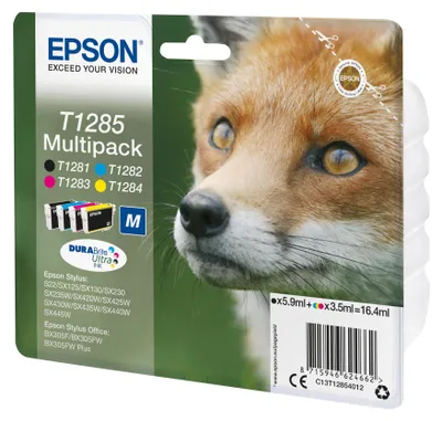 Produktbild von Epson Fox T1285 Fuchs DURABrite Ultra Multipack 4 Farben Tinte, Schwarz, Cyan, Magenta, Gelb, 5,9 ml, 5,8 ml, 1 Stück(e), Multipack