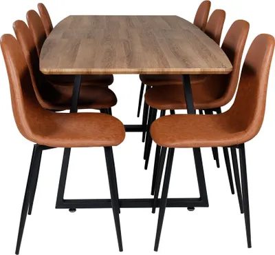 Produktbild von IncaNABL Essgruppe Esstisch Ausziehbarer Tisch Länge cm 160 / 200 El Holz Nachbildung und 8 Polar Esszimmerstühle PolyurethanKunstleder braun.