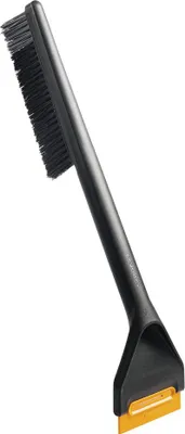 A black and orange snow brush and ice scraper is shown against a white background.