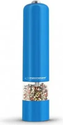 A blue electric pepper mill filled with peppercorns against a white background.