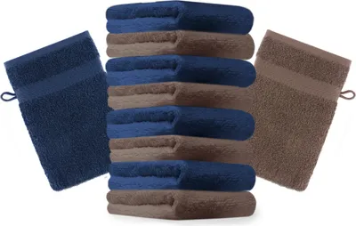 Produktbild von Betz 10 Stück Waschhandschuhe 16x21 cm PREMIUM 100% Baumwolle  Farbe: dunkelblau und nussbraun
