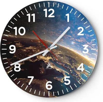 Produktbild von Wanduhr - Rund - Glasuhr - Kosmos Erde - 40x40cm - Schleichendes Uhrwerk - Lautlos - zum Aufhängen bereit - Dekoration Modern - Wanddekoration aus Glas - C4AR40x40-3809