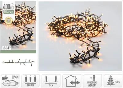A product image showing a string of LED lights, with a smaller inset image and icons at the bottom.