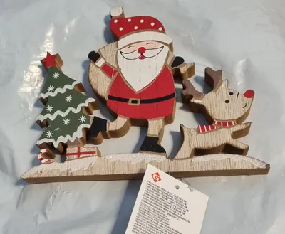 Productafbeelding van Kerst houten decoratie - Kerstboom met kerstman en rendier