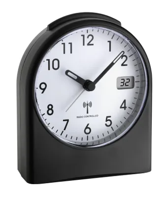 A black analog alarm clock with a white face and black hands is shown against a white background.
