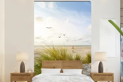 Produktbild von MuchoWow® Fototapete für Wohnzimmer oder Schlafzimmer Wandtapete Vinyl Motivtapete Strand - Meer - Vögel - 155x240 cm - Tapete
