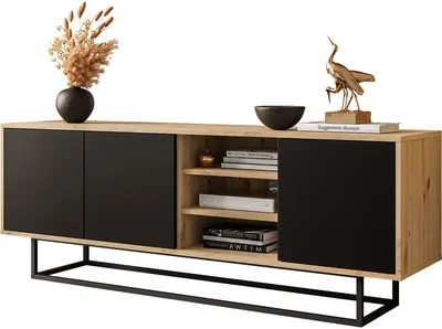 Produktbild von TV-Schrank SANAYI II Eiche Artisan auf einem Metallgestell mit Ablagen, Artisan Eiche / Schwarz