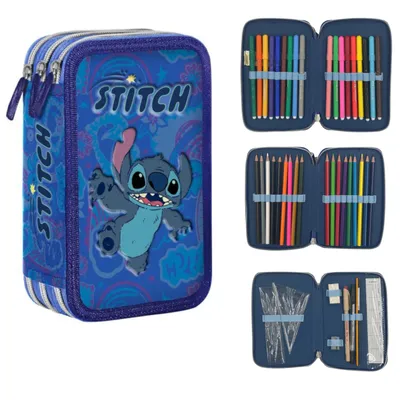 Produktbild von Federmäppchen mit drei Fächern und Zubehör für Kinder Lilo und Stitch Blue Giotto