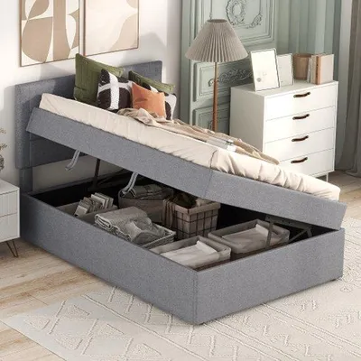 Immagine prodotto di Letto singolo con struttura in metallo, ampio cassetto, color beige, dimensioni 200x90 cm.