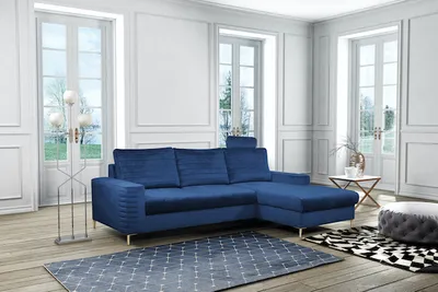 Produktbild von Ecksofa "Collin" Eckcouch Sofa Schlaffunktion marineblau / Füße schwarz Recamiere rechts