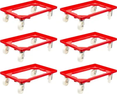 Produktbild von SparSet 6x Transportroller für Euroboxen 60x40cm mit Kunststoffräder rot | Offenes Deck | 2 Lenkrollen & 2 Bremsrollen | Traglast 300kg | Kistenroller Logistikroller Rollwagen Profi-Fahrgestell