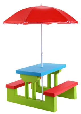 Image de Ensemble de mobilier pour enfants comprenant un parasol, des meubles de jardin pour enfants, une table et 2 bancs, en plastique, avec parasol amovible