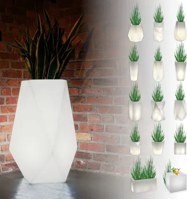 A large illuminated planter with a snake plant in a brick wall setting, alongside a collage of smaller illuminated planters with grass.