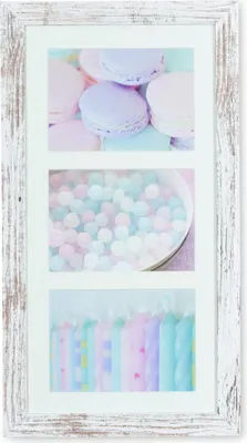 A triple photo frame with a distressed white and brown wooden frame. The frame contains three separate images, each featuring pastel-colored sweets or candies.