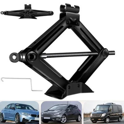 Image de Cric pour voiture - Cric à ciseaux - 2 t (2000 kg) - Course 8,5–39 cm - Acier antirouille - Manivelle rapide chromée - Compact 35×8,5×8,5 cm - Noir