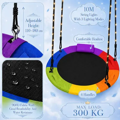 Imagen del producto de Columpio tipo nido, con un diámetro de 100 cm, capacidad de carga de 300 kg, giratorio 360°, con luces, 4 asideros, ideal para jardín