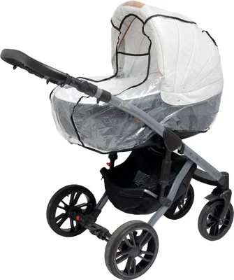 A baby stroller with a rain cover.