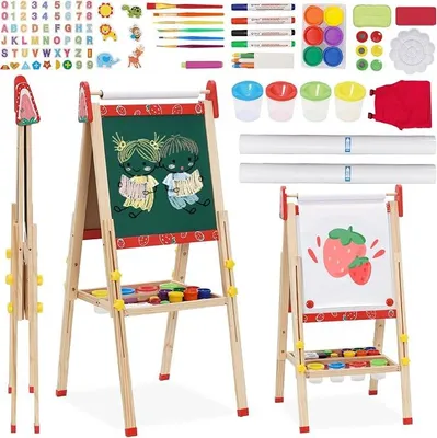 Imagen del producto de Pizarra infantil 3 en 1, mesa para niños con rollo de papel, doble cara, altura ajustable (95-125 cm). Pizarra todo en uno con más de 100 accesorios para pintar. Pizarra escolar para niños de 3 a 8 años (roja)