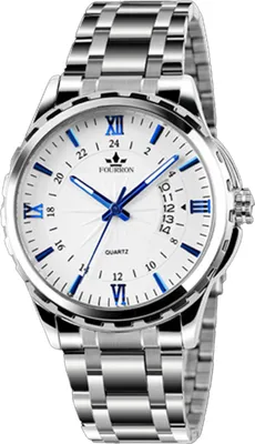 A close-up, studio shot of a men's wristwatch with a silver metal band and a white dial.