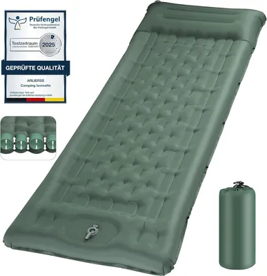 Produktbild von Camping Isomatte 12 cm, für Outdoor, mit Fußpumpe und 16 cm Kopfkissen, reißfest, ultraleicht