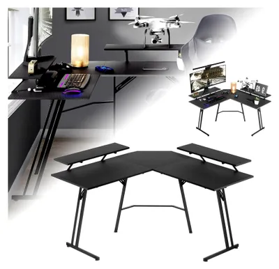 Produktbild von Großer Gaming Tisch L-förmiger Schreibtisch mit Monitorständer, Kohlefaseroberfläche für Gaming und Homeoffice
