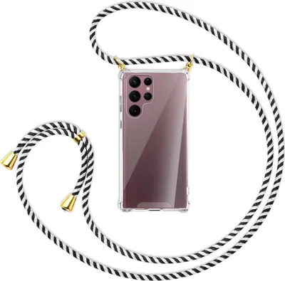 Produktbild von Handykette Backcover-Schutzhülle mit Band (Metall goldfarben) für Samsung Galaxy S22 Ultra 5G (S908) - schwarz/weiß gestreift