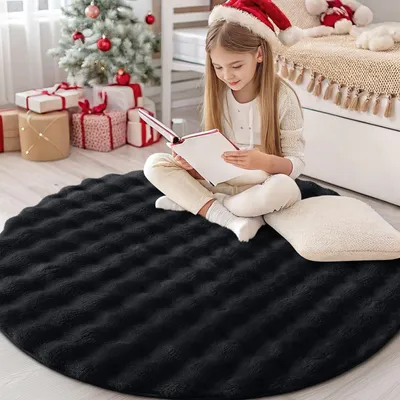 Produktbild von Hochflor Teppich mit 3D Bubble Muster, Waschbar, Rund, 63 cm, Schwarz