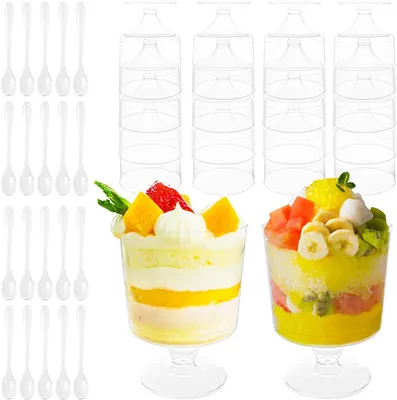 Produktbild von 20pcs Dessertbecher 160 ml, rund, mit 20 Löffeln, wiederverwendbar, für Pudding, Mousse, Eis, Käsekuchen
