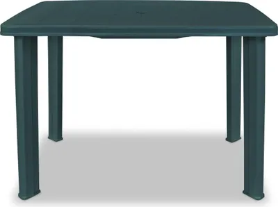 A dark green plastic garden table is shown against a white background.