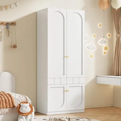 Produktbild von 2-türiger Kleiderschrank für Kinderzimmer – Weiß, Lack-Kinderkleiderschrank mit Kleiderstange und Schubladen, Metallgriffe, 80×50×200 cm – Kleiderschrank Klein für Kinderkleidung