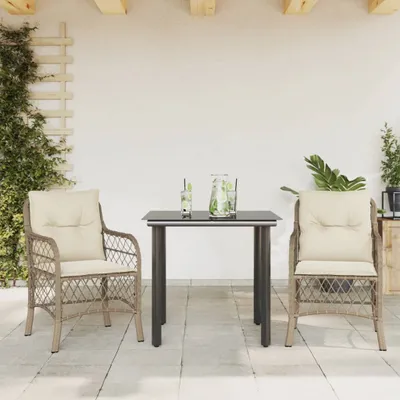 Produktbild von PUEAZU 3-tlg. Bistro-Set mit Kissen Beige Poly Rattan - Gartenmöbelgarnituren &18656
