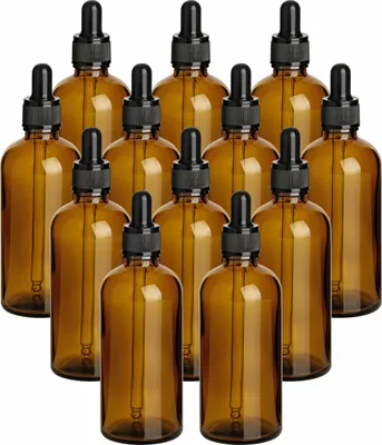 Produktbild von gouveo 12er Set Pipetten-Flaschen 100 ml aus Braunglas - Leere Apothekerflasche aus Glas - Tropfflasche mit Glaspipette für Essenzen, Öle, Parfüm, Extrakte