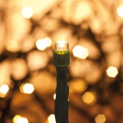 A close-up of a single LED light on a string of lights, with a blurred background of other lights.