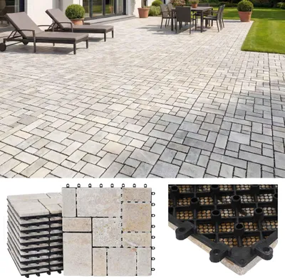 Produktbild von Steinfliese MCW-K70, Bodenfliese Steckfliese Balkon/Terrasse Naturstein, 11x je 30x30cm = 1m² weiß