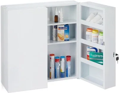 Produktbild von Famanu Medizinschrank XXL - Abschließbarer Aufbewahrungsschrank mit 2 Türen und 11 Fächern, 53 x 52,5 x 19,5 cm, Weiß