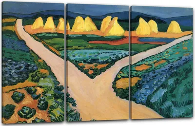 Produktbild von Leinwandbild 3-teilig (120x80cm): Landschafts-Gemalde Heuhaufen in grüner Landschaft, echter Holz-Keilrahmen inkl. Aufhänger, handgefertigt in Deutschland