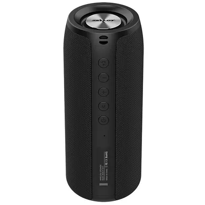 A black portable Bluetooth speaker is shown against a white background.